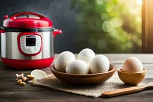 an instant pot with eggs and a bowl of eggs. AI-Generated photo