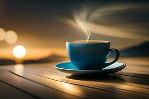 the coffee cup is on a wooden table with a blurred background. AI-Generated photo