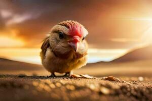 un pequeño pájaro es en pie en el suelo en frente de un puesta de sol. generado por ai foto