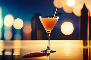 cocktail in a glass on a table with city lights in the background. AI-Generated photo
