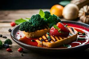 grilled salmon with a strawberry and broccoli on a plate. AI-Generated photo