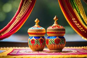 two colorful vases on a table with colorful curtains. AI-Generated photo