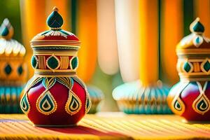 three colorful vases with designs on them. AI-Generated photo