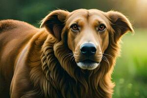 un marrón perro es en pie en el césped. generado por ai foto