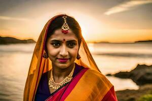 a beautiful indian woman in a colorful sari. AI-Generated photo