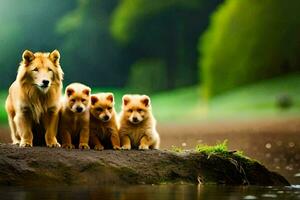 a family of dogs standing on a rock by the water. AI-Generated photo