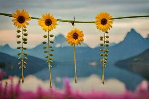 sunflowers hanging from a wire with mountains in the background. AI-Generated photo