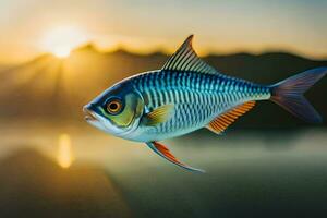 a fish swimming in the water at sunset. AI-Generated photo