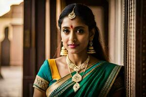 a beautiful indian woman wearing a green sari and gold jewelry. AI-Generated photo