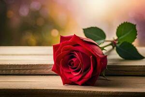 a single red rose on a wooden table. AI-Generated photo