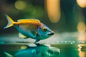 un pescado es en pie en el agua con un verde antecedentes. generado por ai foto