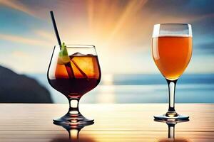two glasses of alcohol on a table with the sun setting behind them. AI-Generated photo