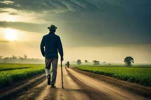 un hombre caminando abajo un suciedad la carretera con caña. generado por ai foto