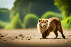 un perro es en pie en el suciedad en frente de un bosque. generado por ai foto