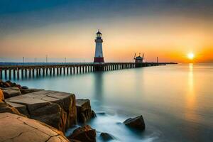 a lighthouse stands on the shore of a body of water. AI-Generated photo