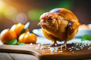 a chicken is standing on a wooden cutting board. AI-Generated photo