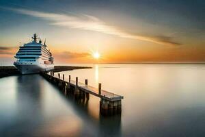 un crucero Embarcacion atracado a el final de un muelle. generado por ai foto