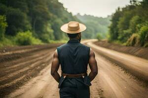 a man in a hat walking down a dirt road. AI-Generated photo