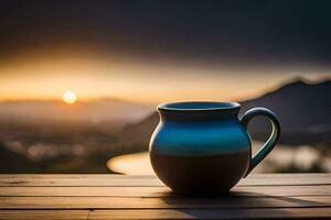 a coffee cup sits on a wooden table overlooking a lake. AI-Generated photo