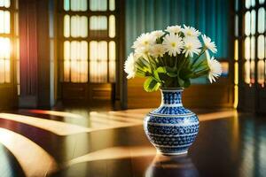 a vase with flowers sitting on a wooden floor. AI-Generated photo