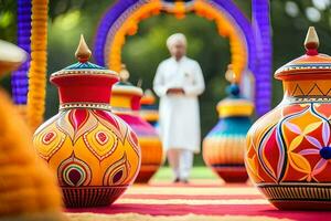 a man in white is standing in front of colorful vases. AI-Generated photo