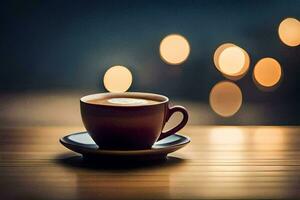 a cup of coffee on a wooden table with bokeh lights. AI-Generated photo