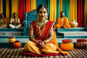 a beautiful indian bride sitting on the floor with her family. AI-Generated photo