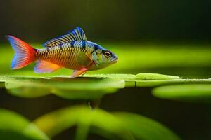 un pescado es sentado en parte superior de un hoja. generado por ai foto