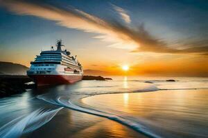 a cruise ship at sunset in the ocean. AI-Generated photo