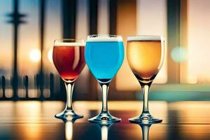 three glasses of different colored drinks on a table. AI-Generated photo