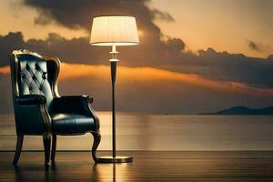 a chair and lamp on a wooden floor in front of the ocean. AI-Generated photo