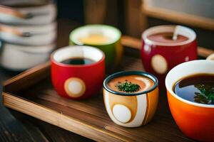 a tray with several cups of soup and soup. AI-Generated photo