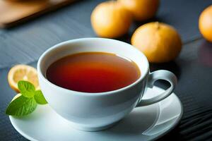 a cup of tea with a slice of lemon and a mint leaf. AI-Generated photo