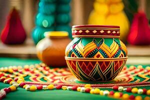 colorful pot on a table with beads and other decorations. AI-Generated photo