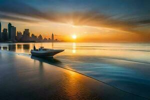 a boat is on the beach at sunset with the city skyline in the background. AI-Generated photo