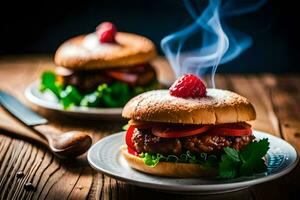 two hamburgers with smoke coming out of them. AI-Generated photo