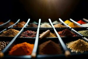 a variety of spices and spices in a tray. AI-Generated photo