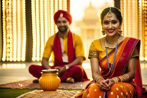 un mujer en tradicional indio atuendo se sienta en el suelo con un hombre en un amarillo sari. generado por ai foto