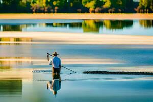 un hombre es en pie en el agua con un palo. generado por ai foto
