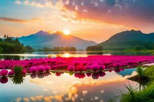 the sun rises over a lake with pink flowers. AI-Generated photo