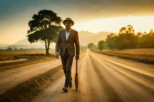 un hombre en un traje y sombrero caminando abajo un suciedad la carretera. generado por ai foto