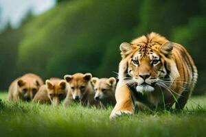 a tiger and her cubs walking through the grass. AI-Generated photo