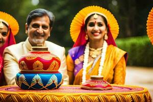 un Pareja y su amigos en tradicional indio atuendo. generado por ai foto