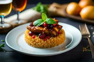 chicken with cranberry sauce and rice on a plate. AI-Generated photo