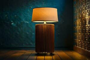 a wooden lamp with a shade on top. AI-Generated photo