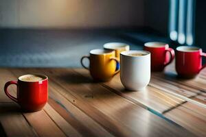 un grupo de café tazas en un de madera mesa. generado por ai foto
