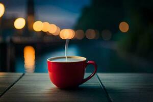 a red cup of coffee on a wooden table with blurred lights. AI-Generated photo