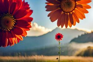 foto fondo de pantalla el cielo, flores, montañas, sol, flores, el cielo, flores, el. generado por ai