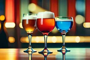 three glasses of different colored drinks on a table. AI-Generated photo