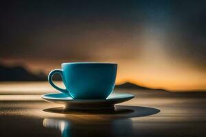 a blue cup sits on a saucer in front of a sunset. AI-Generated photo